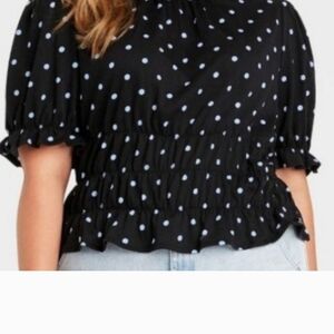 Who What Wear Black and Blue Polka Dot Blouse